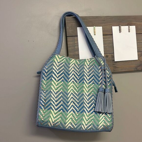 Steven by Steve Madden Blue Basketweave Shoulder Purse w/ Hanging Tassels- large - Picture 1 of 16